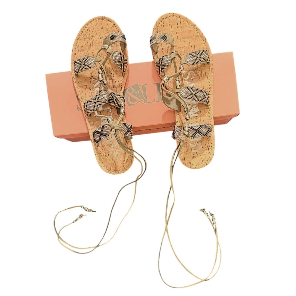 Sam & Libby Gladiator Sandals 8.5 Lace Up Cork Beaded Boho Summer Strappy Flat